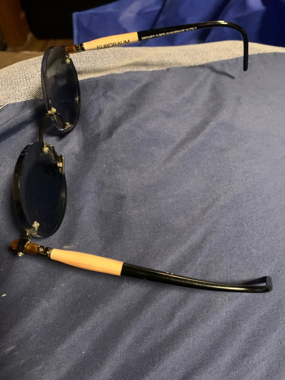 Kuboraum Men’s Rimless Sunglasses — Black Frames with Blue Lenses